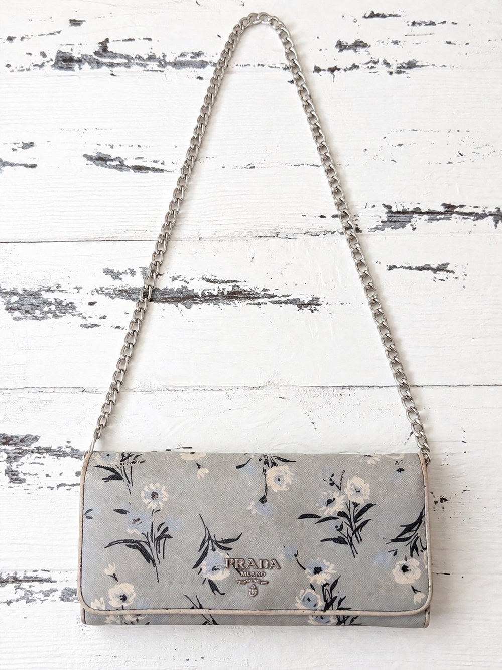 Prada Floral Saffiano Leather Wallet - Light Gray & Cream - Picture 4 of 8